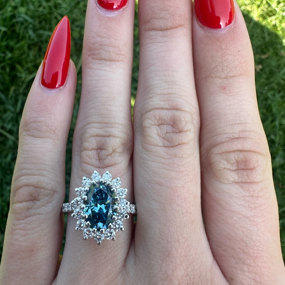 3.0 CTW blue lab grown diamond oval engagement ring with halo